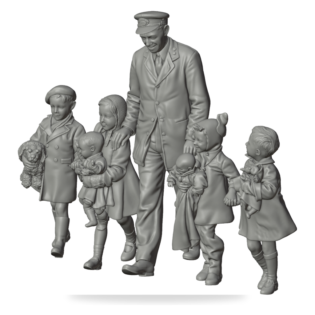 Generated grey resin studio product asset - OO Scale Ready to Paint 1950s Railway Porter Accompanying Travelling Children