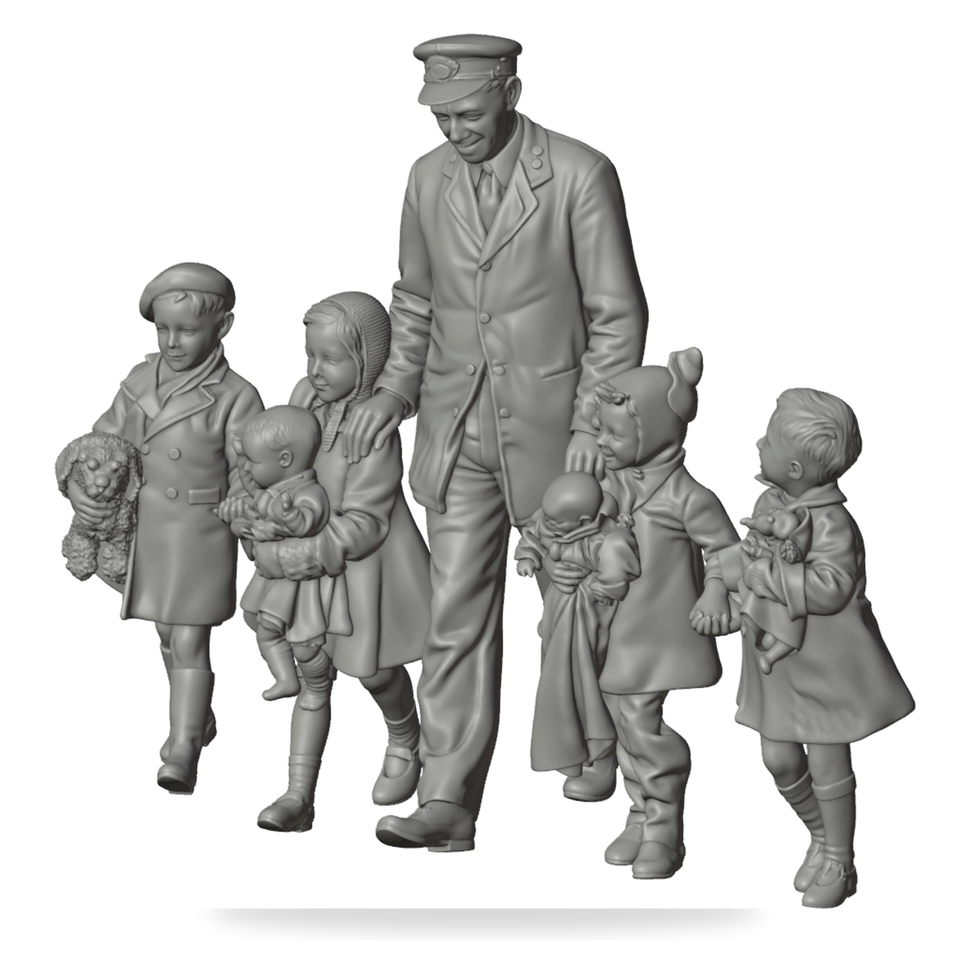 Generated grey resin studio product asset - OO Scale Ready to Paint 1950s Railway Porter Accompanying Travelling Children
