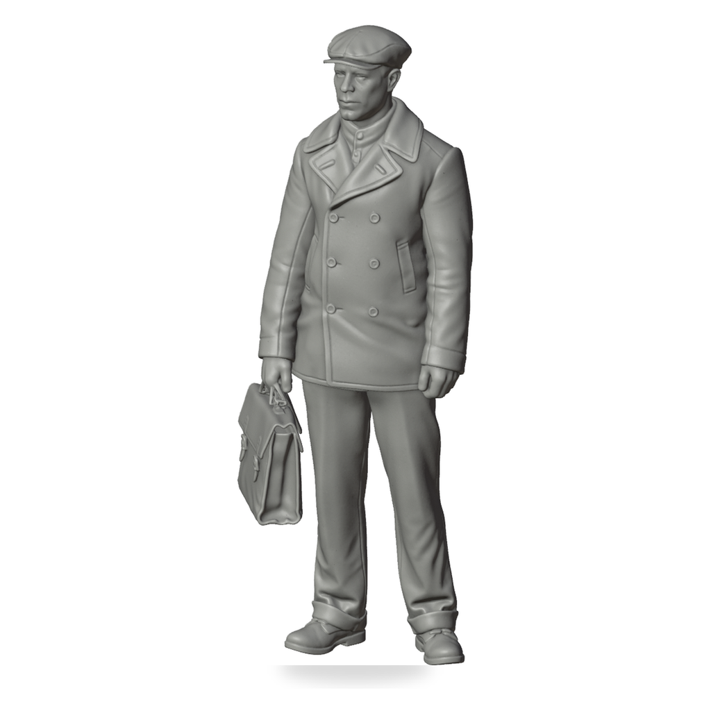 Generated grey resin studio product asset - OO Scale Ready to Paint 1950s Man Holding A Satchel