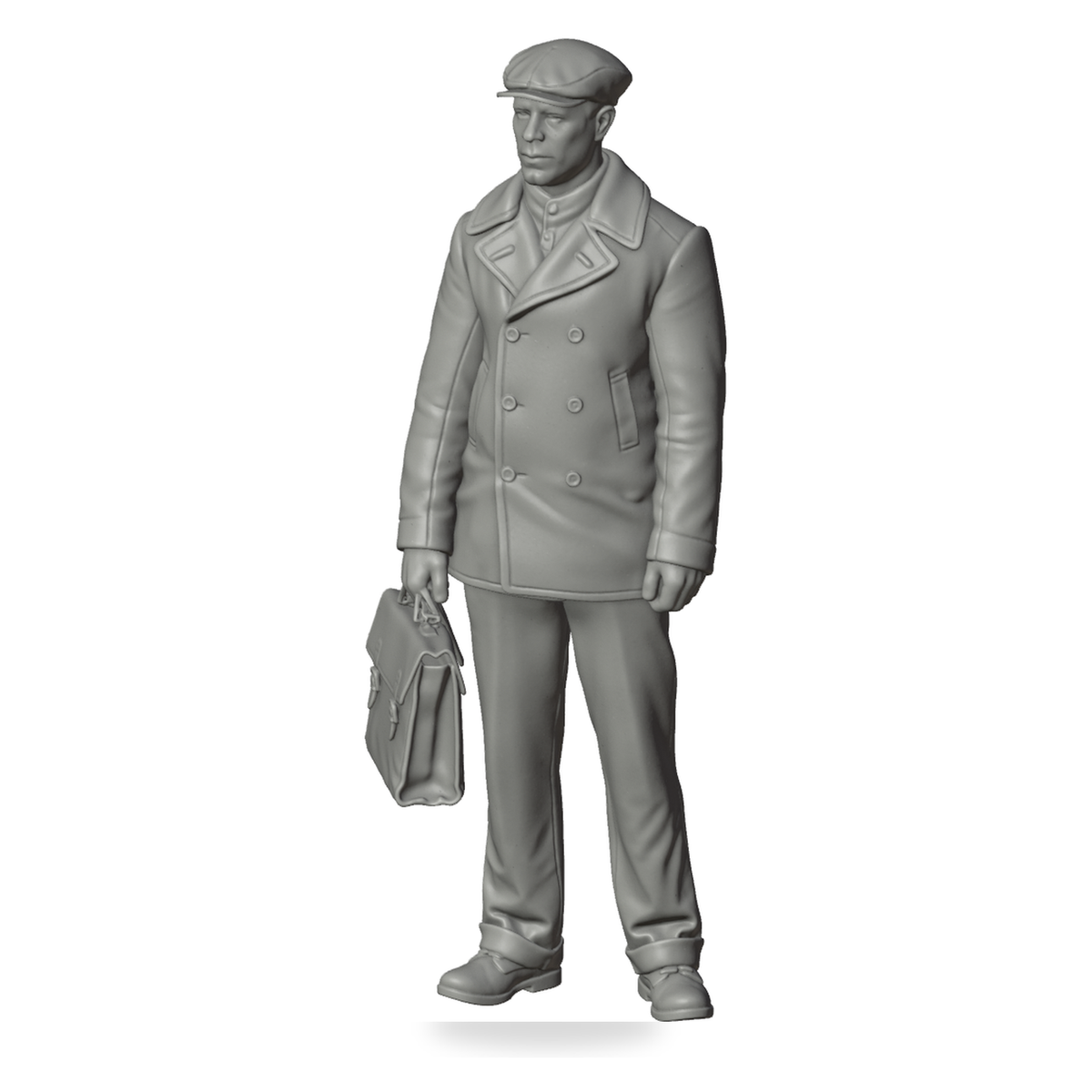 Generated grey resin studio product asset - OO Scale Ready to Paint 1950s Man Holding A Satchel