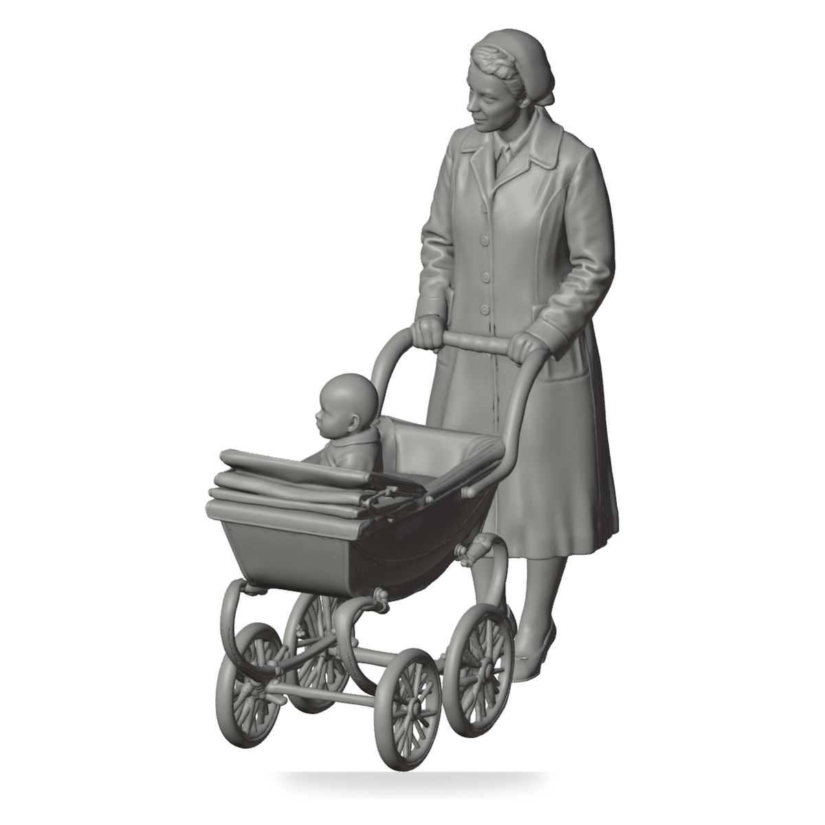 Generated grey resin studio product asset - OO Scale Ready to Paint 1950s Mother With Baby In Pram