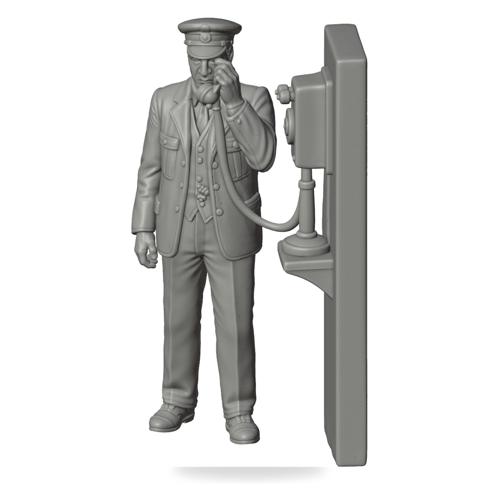 Generated grey resin studio product asset - OO Scale Ready to Paint 1950s Signalman Using A Wall Mounted Telephone