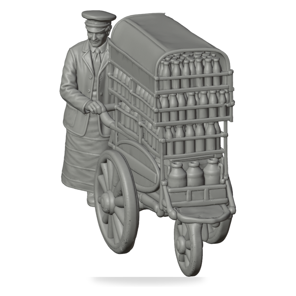 Generated grey resin studio product asset - OO Scale Ready to Paint 1950s Milkman With Cart