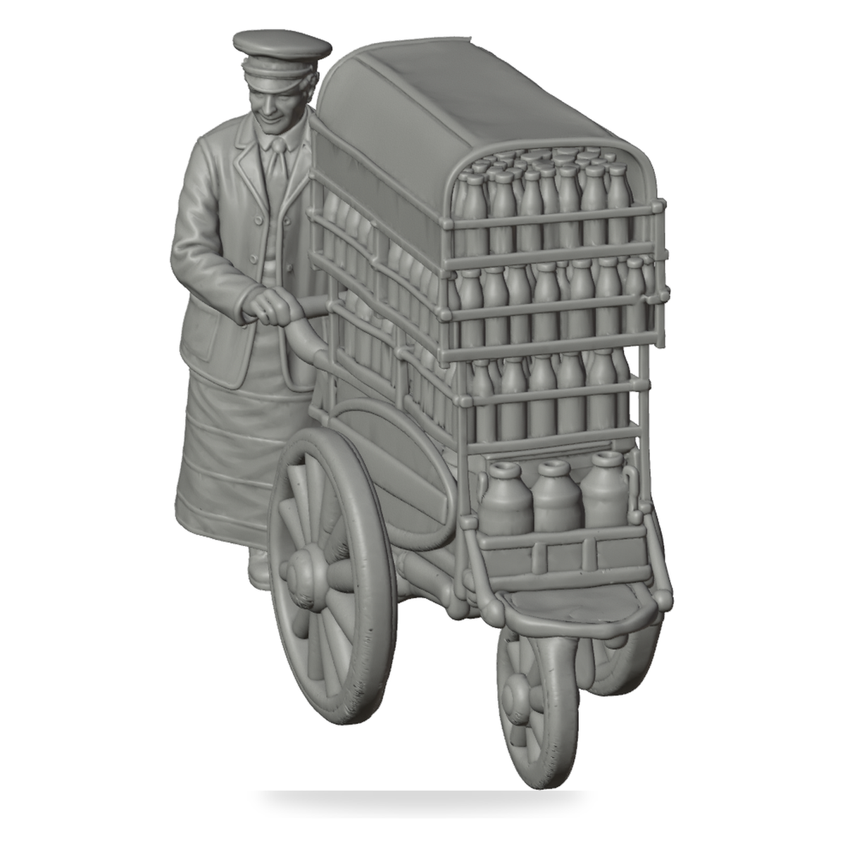 Generated grey resin studio product asset - OO Scale Ready to Paint 1950s Milkman With Cart