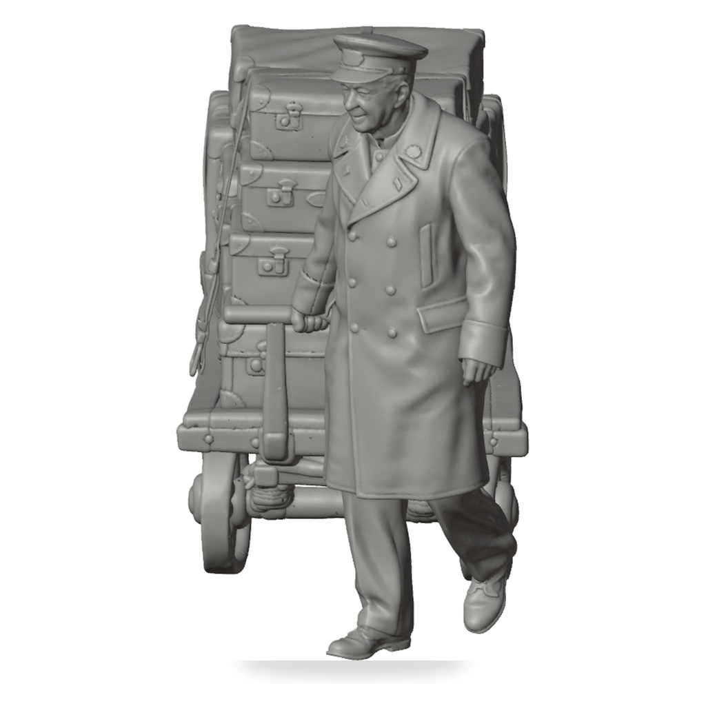 Generated grey resin studio product asset - OO Scale Ready to Paint 1950s Railway Porter Pulling Luggage Trolley