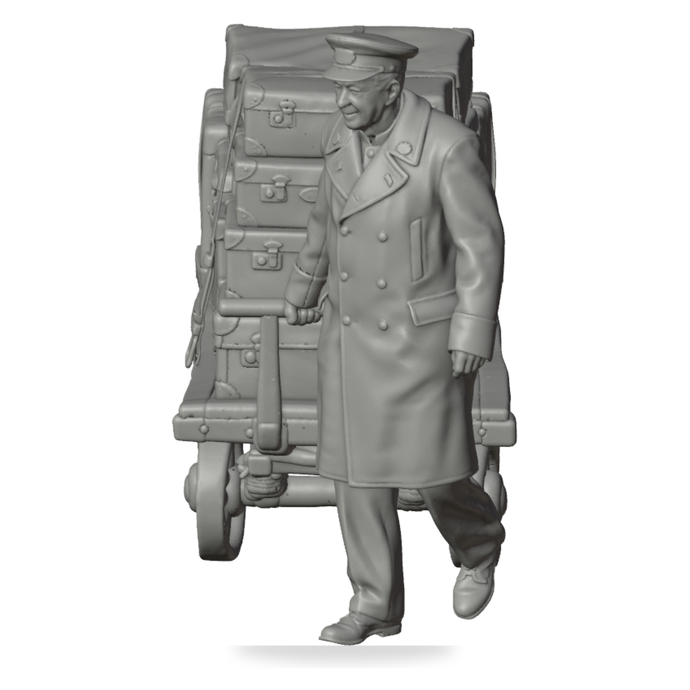 Generated grey resin studio product asset - OO Scale Ready to Paint 1950s Railway Porter Pulling Luggage Trolley
