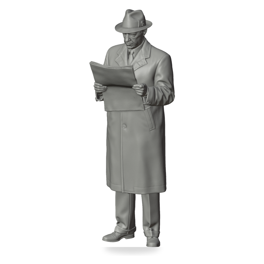 Generated grey resin studio product asset - OO Scale Ready to Paint 1950s Gentleman Reading A Newspaper