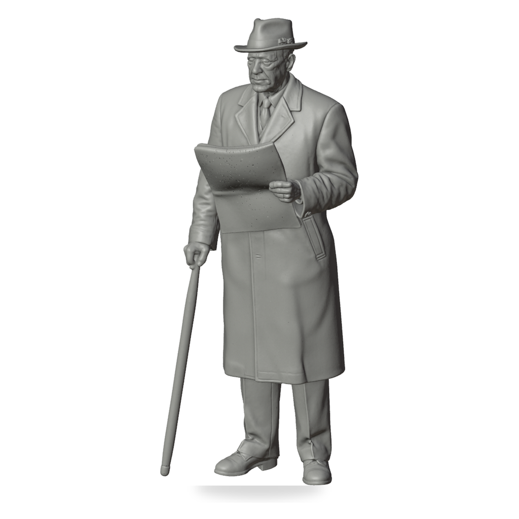 Generated grey resin studio product asset - OO Scale Ready to Paint 1950s Gentleman With Cane And Newspaper