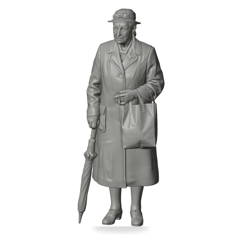Generated grey resin studio product asset - OO Scale Ready to Paint 1950s Old Lady With Bag And Umbrella