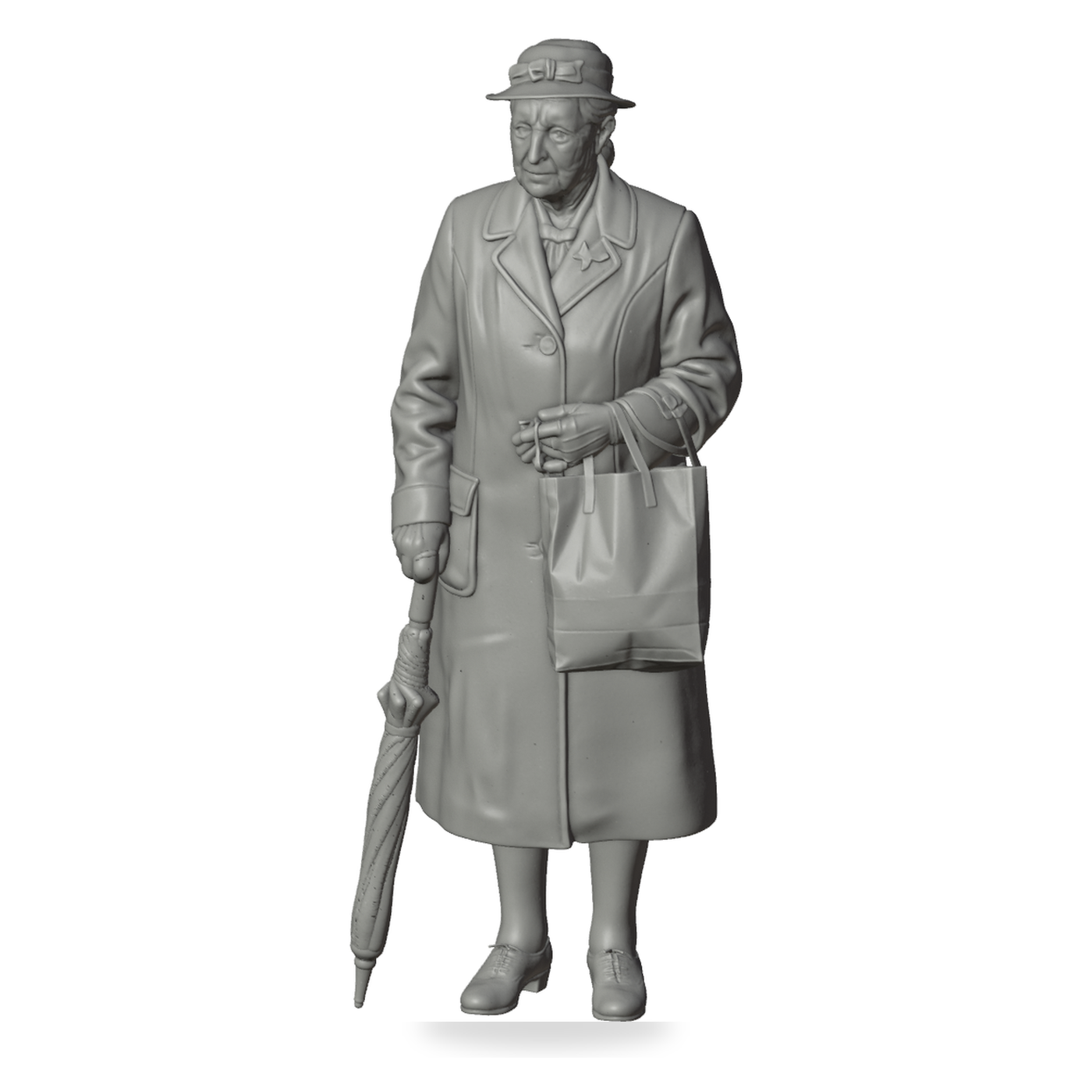 Generated grey resin studio product asset - OO Scale Ready to Paint 1950s Old Lady With Bag And Umbrella