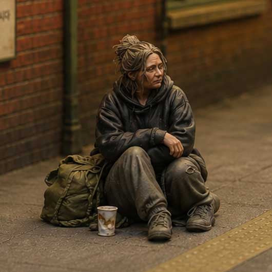 OO Scale Ready to Paint Modern Homeless Woman Sitting