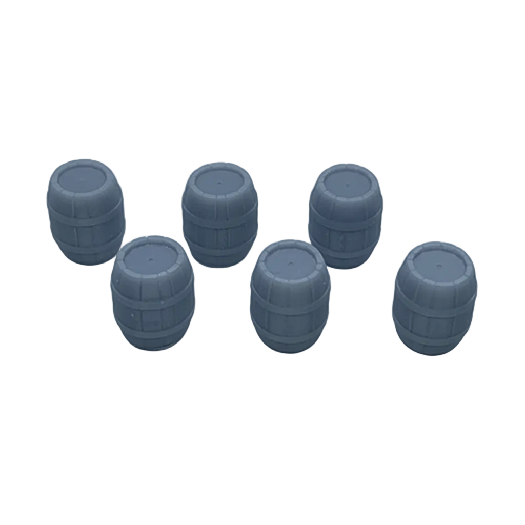 Grey resin barrel miniatures - pack of 6