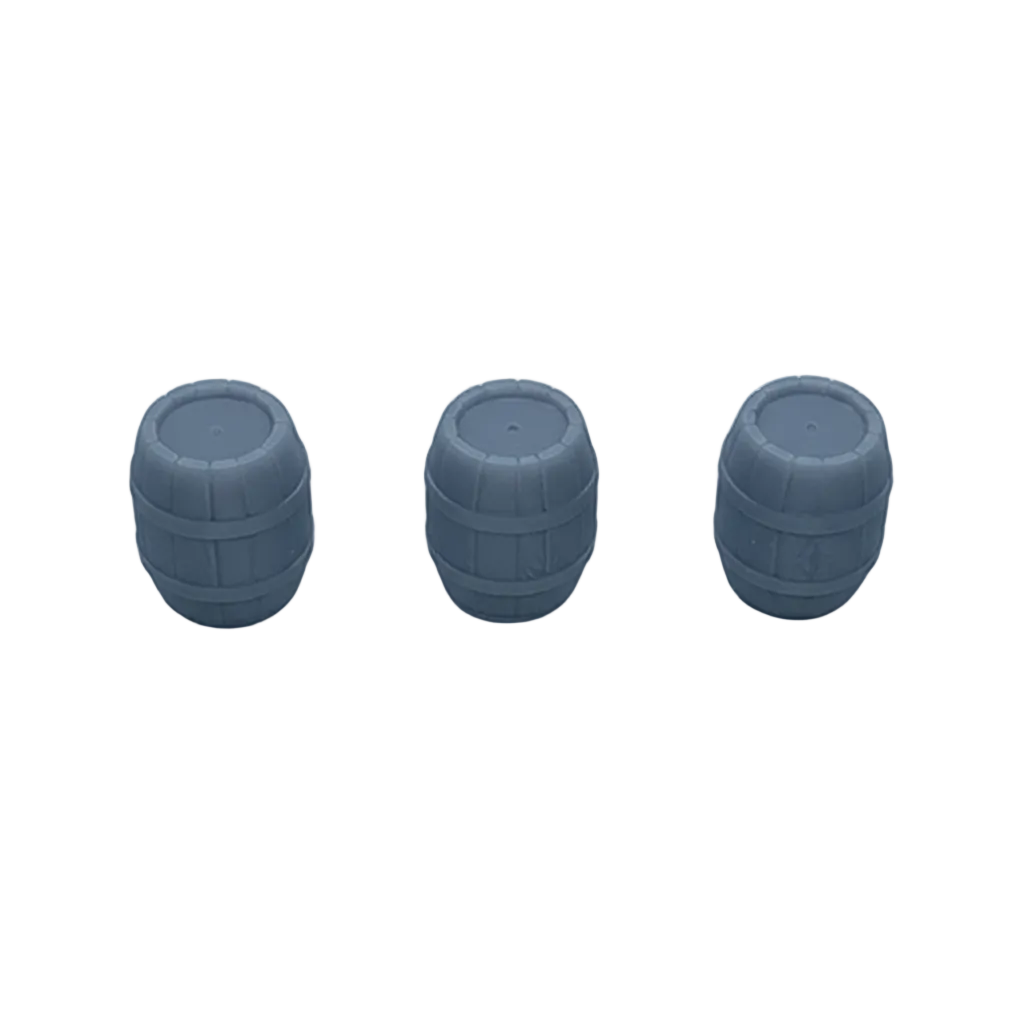 Grey resin barrel miniatures - pack of 3