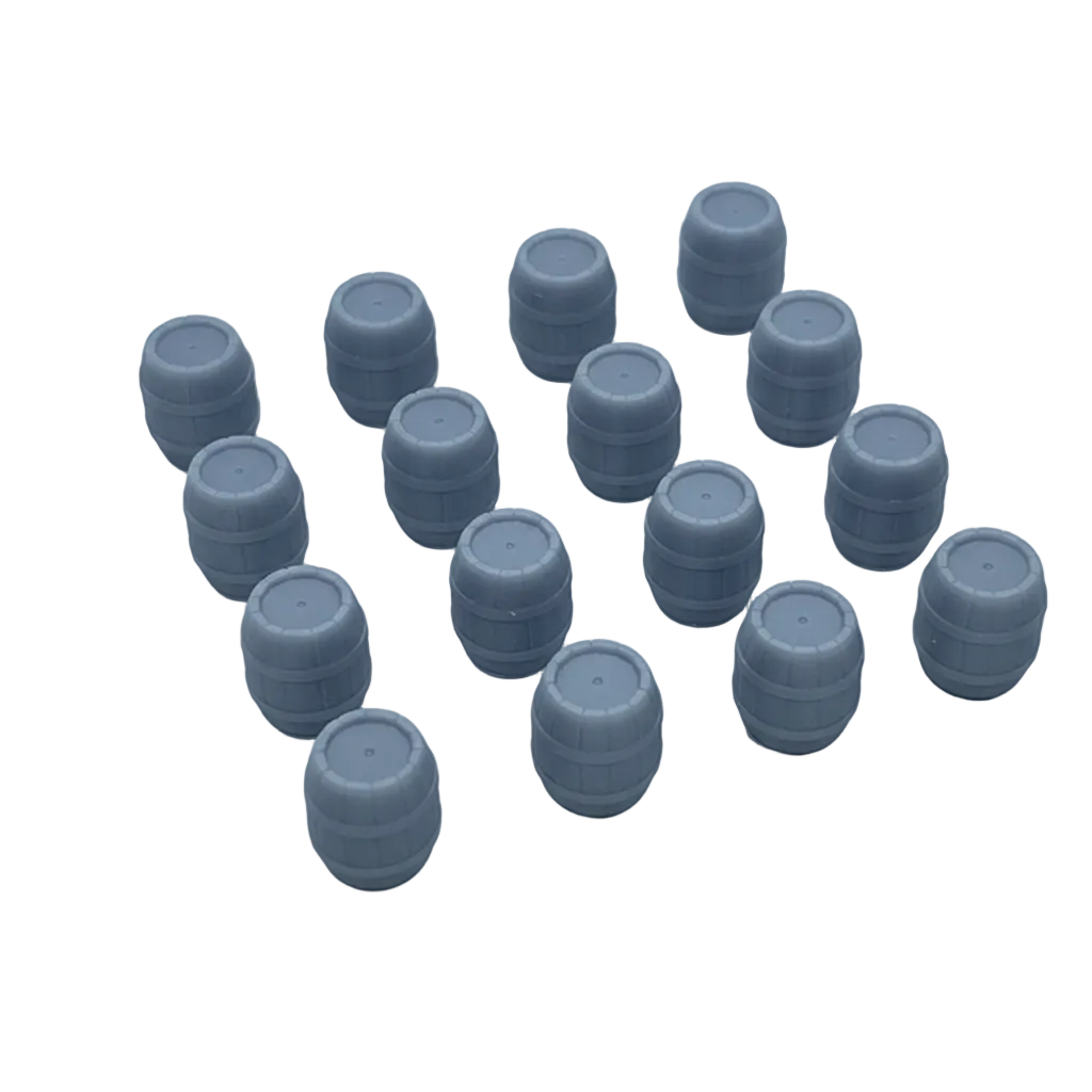 Grey resin barrel miniatures - pack of 12