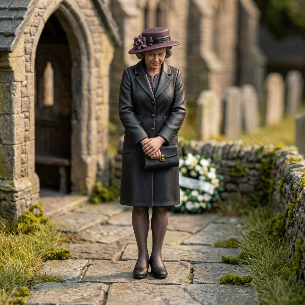 Lady with a decorated hat and clutch outside a miniature church