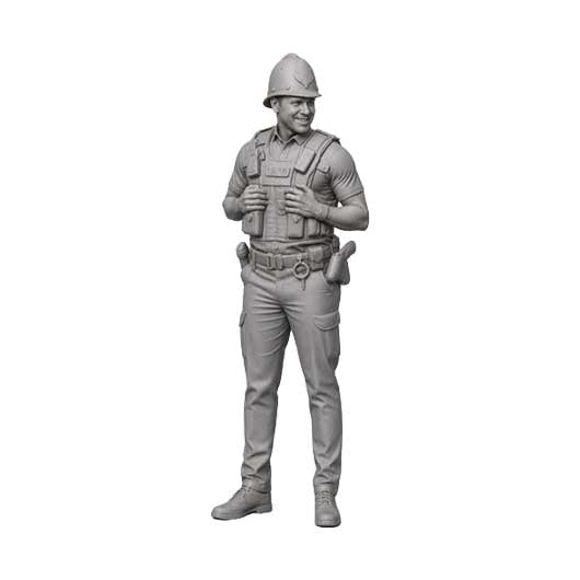A grayscale 3D model or miniature figure of a soldier in tactical gear, including a helmet, vest, and boots, shown against a plain white background.