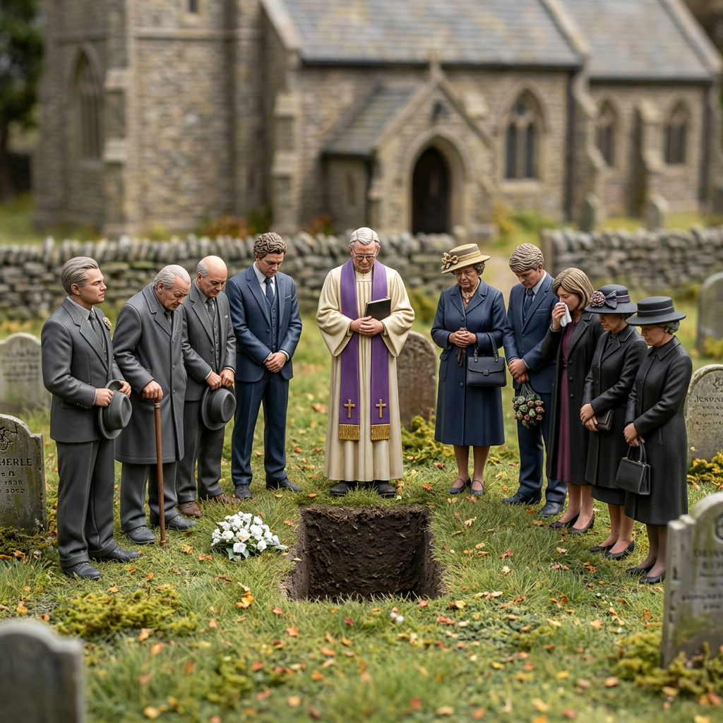 Miniature graveside funeral with the vicar and nine mourners