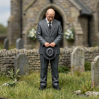 Painted bald mourner holding his hat in a model churchyard