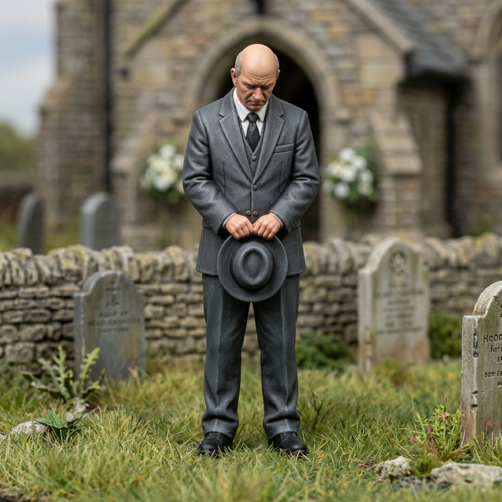 Painted bald mourner holding his hat in a model churchyard