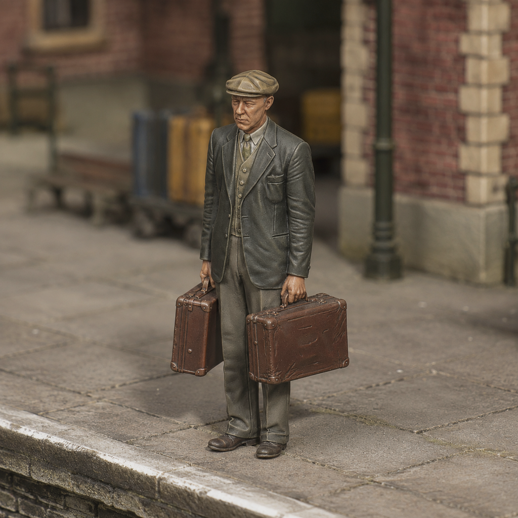 Generated painted context product asset - OO Scale Ready to Paint 1950s Old Man Carrying Two Suitcases