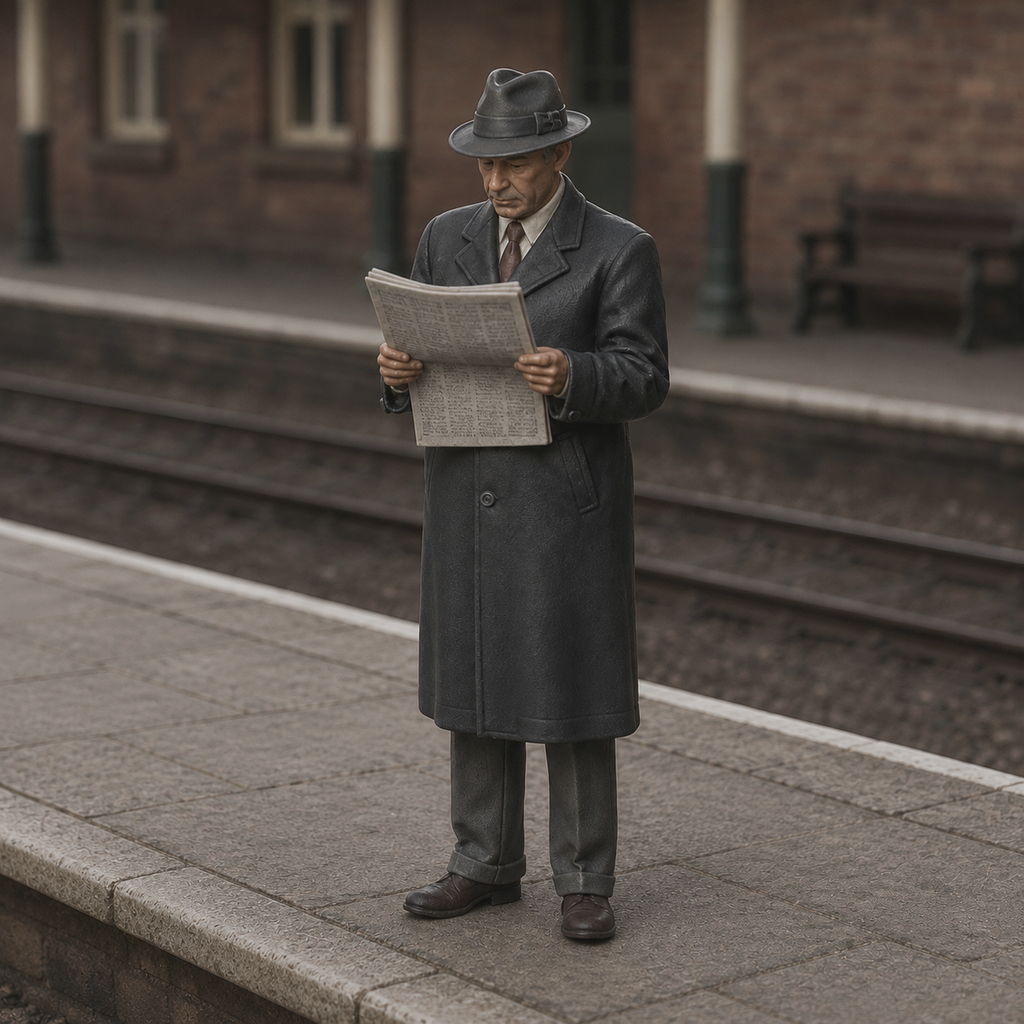 Generated painted context product asset - OO Scale Ready to Paint 1950s Gentleman Reading A Newspaper