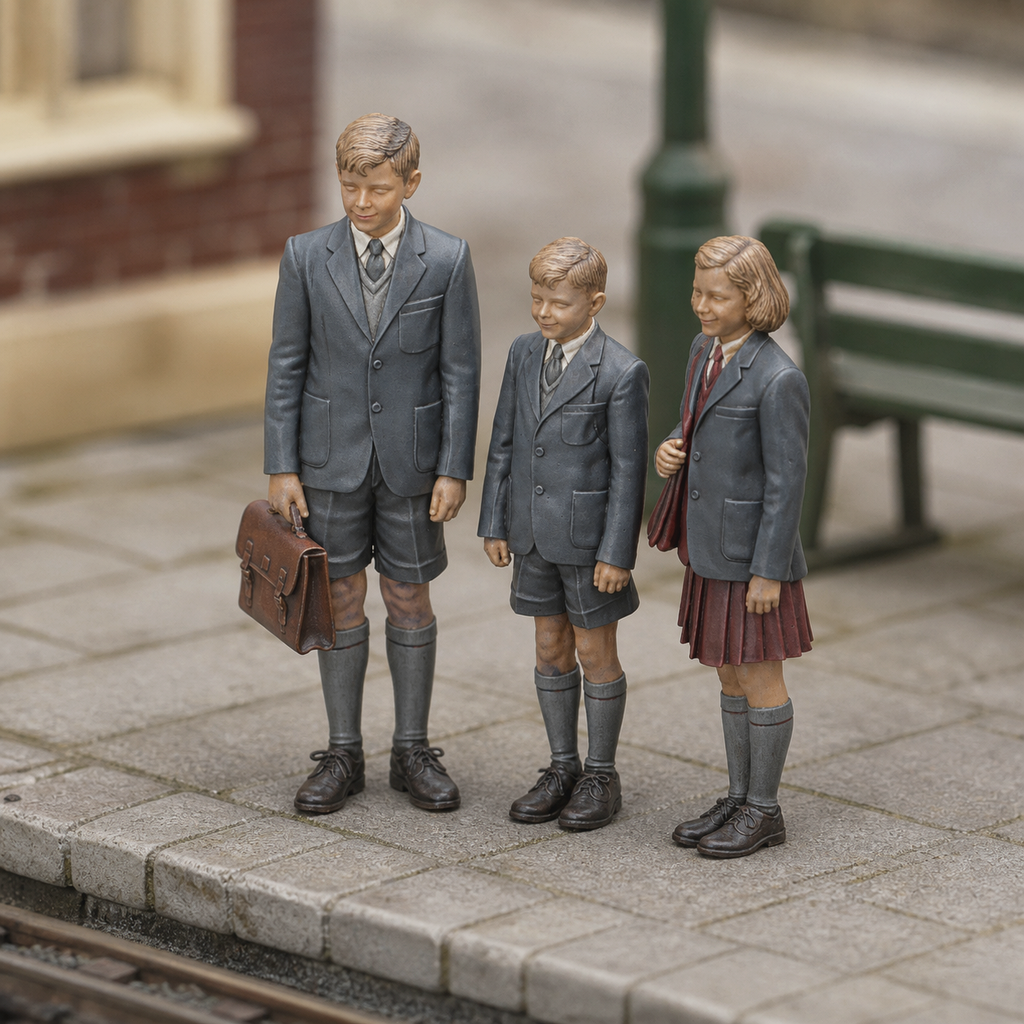 Generated painted context product asset - OO Scale Ready to Paint 1950s Girl With Two Brothers