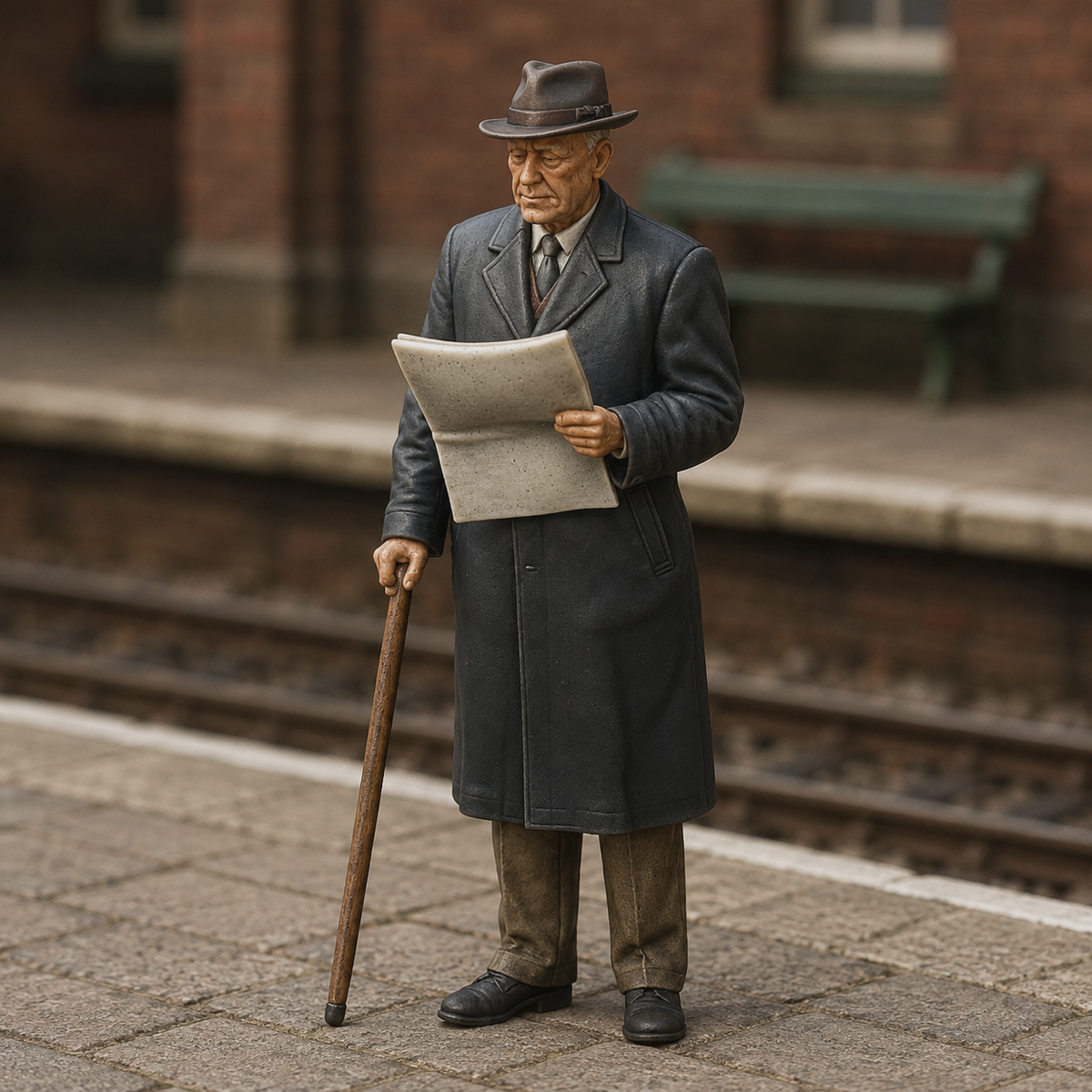 Generated painted context product asset - OO Scale Ready to Paint 1950s Gentleman With Cane And Newspaper