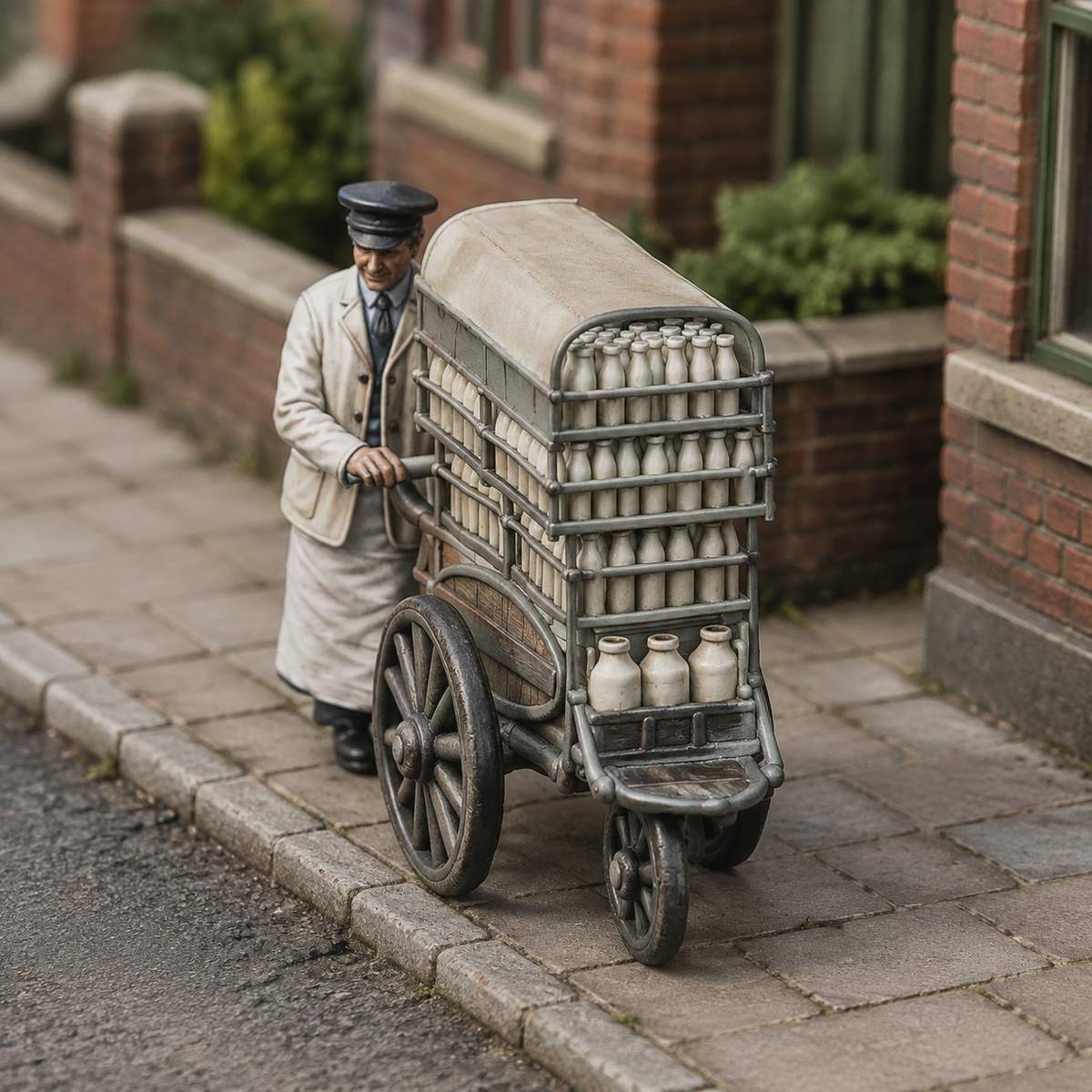 Generated painted context product asset - OO Scale Ready to Paint 1950s Milkman With Cart
