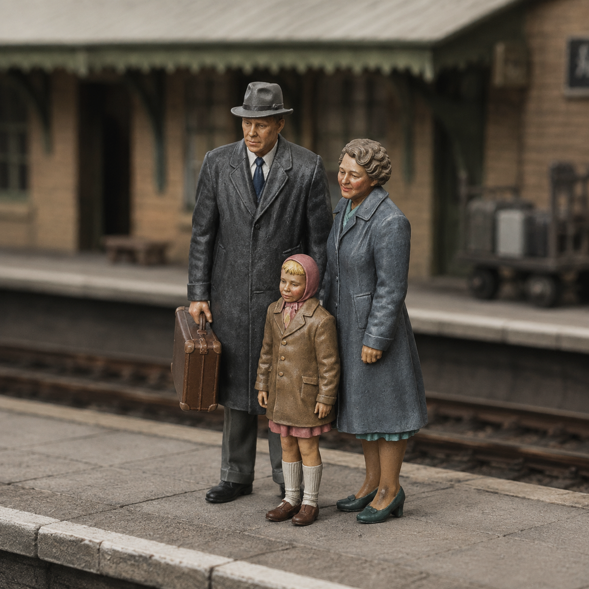 Generated painted context product asset - OO Scale Ready to Paint 1950s Parents With Daughter