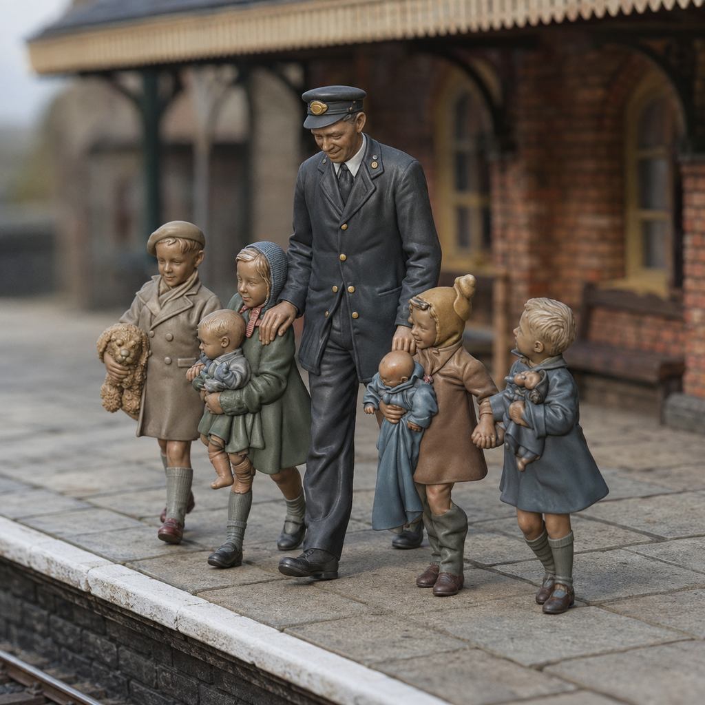 Generated painted context product asset - OO Scale Ready to Paint 1950s Railway Porter Accompanying Travelling Children
