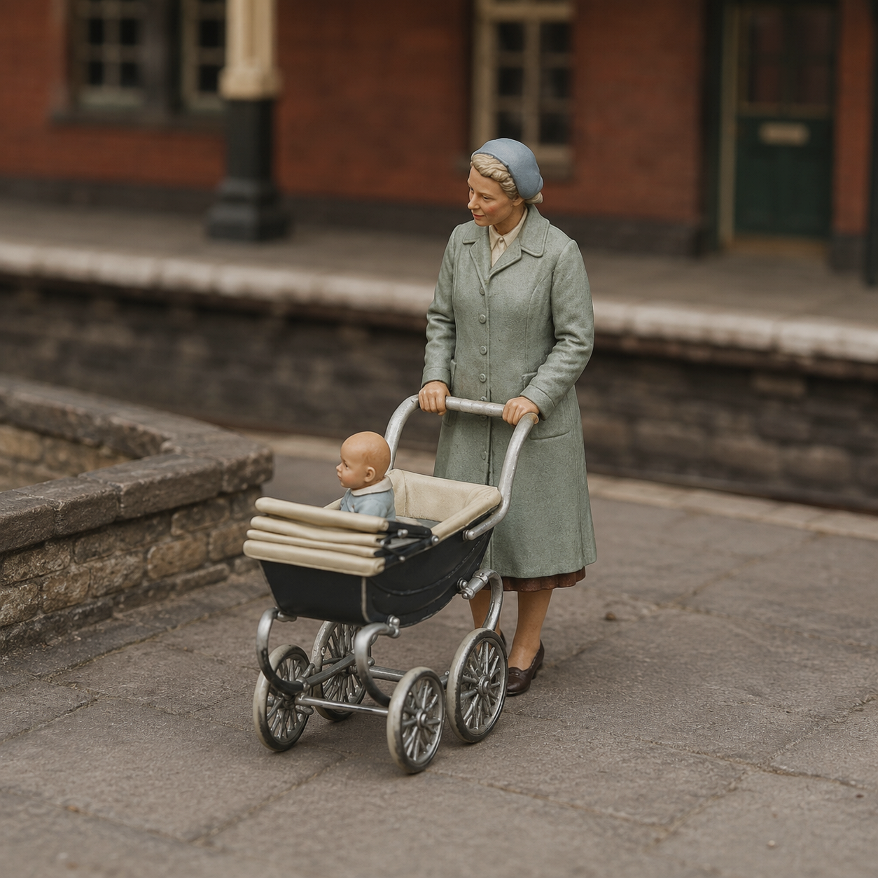 Generated painted context product asset - OO Scale Ready to Paint 1950s Mother With Baby In Pram