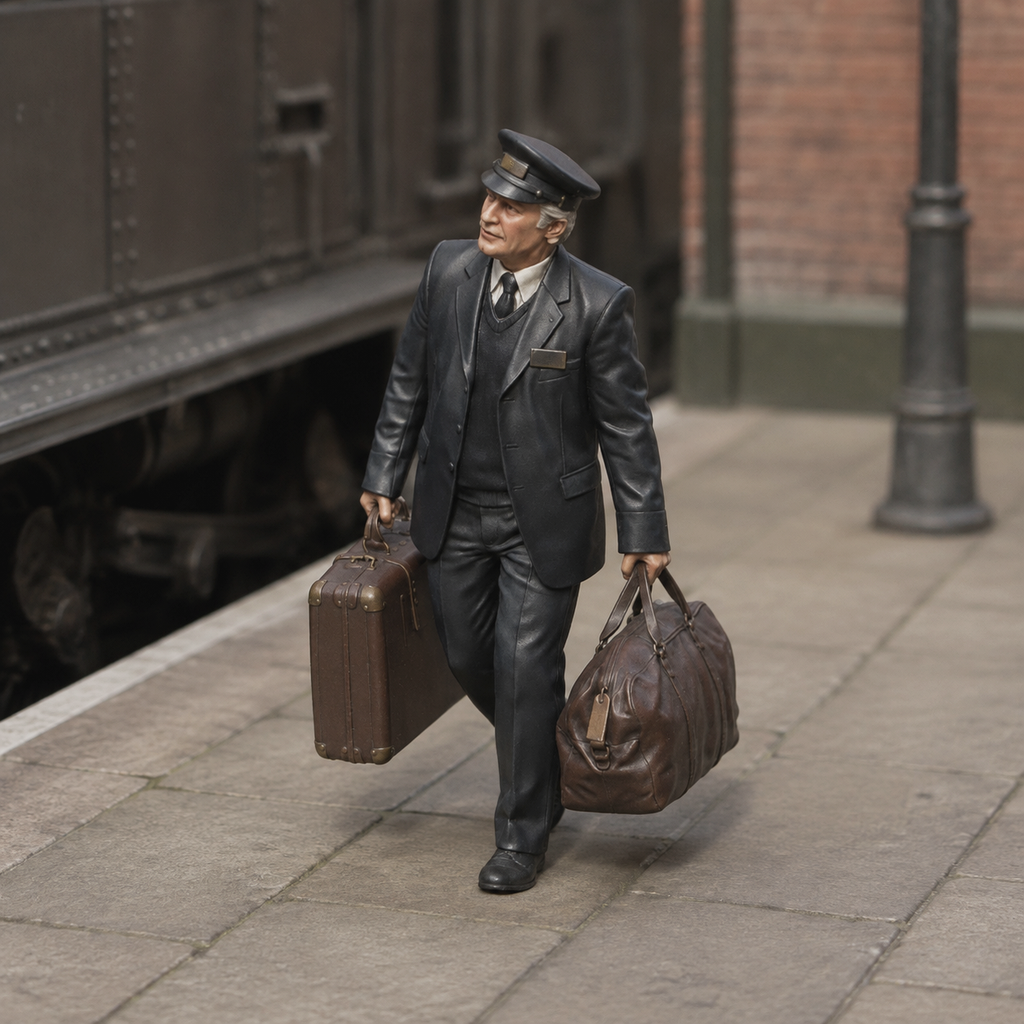 Generated painted context product asset - OO Scale Ready to Paint 1950s Railway Porter Carrying Luggage