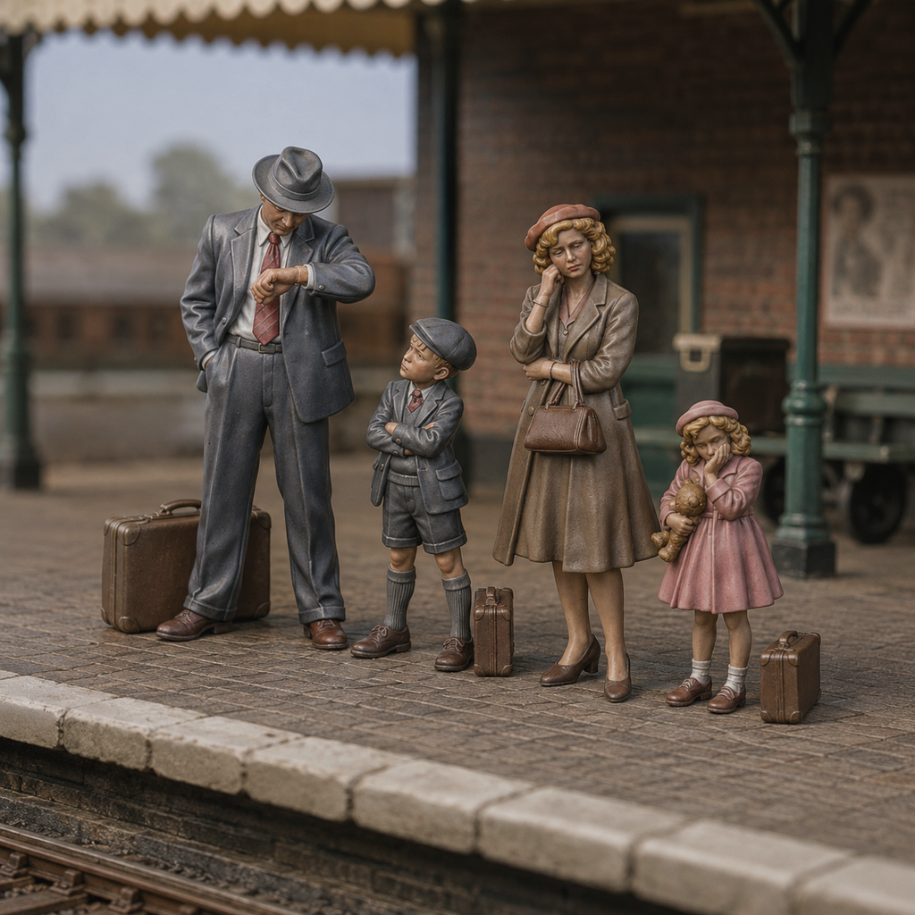 Generated painted context product asset - OO Scale Ready to Paint 1950s Parents With Two Children
