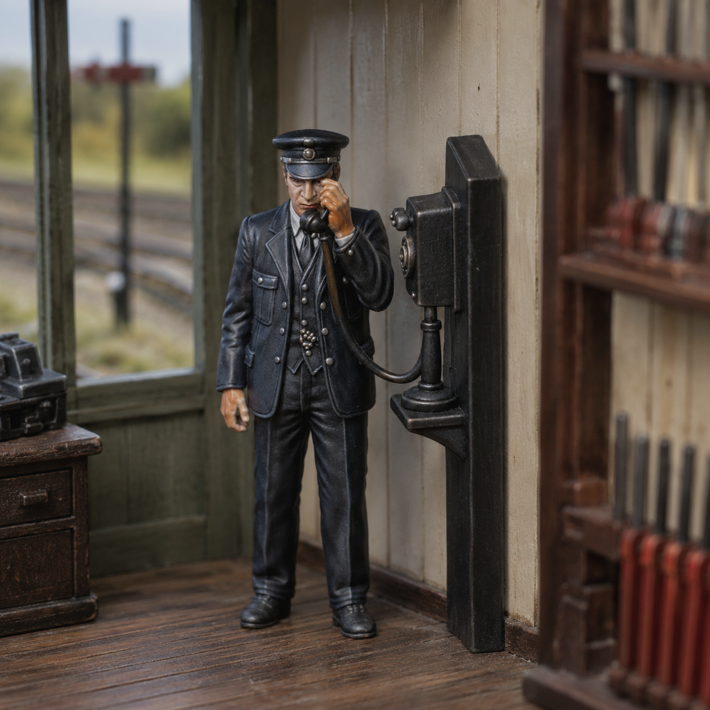 Generated painted context product asset - OO Scale Ready to Paint 1950s Signalman Using A Wall Mounted Telephone