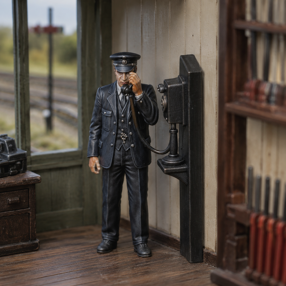 Generated painted context product asset - OO Scale Ready to Paint 1950s Signalman Using A Wall Mounted Telephone