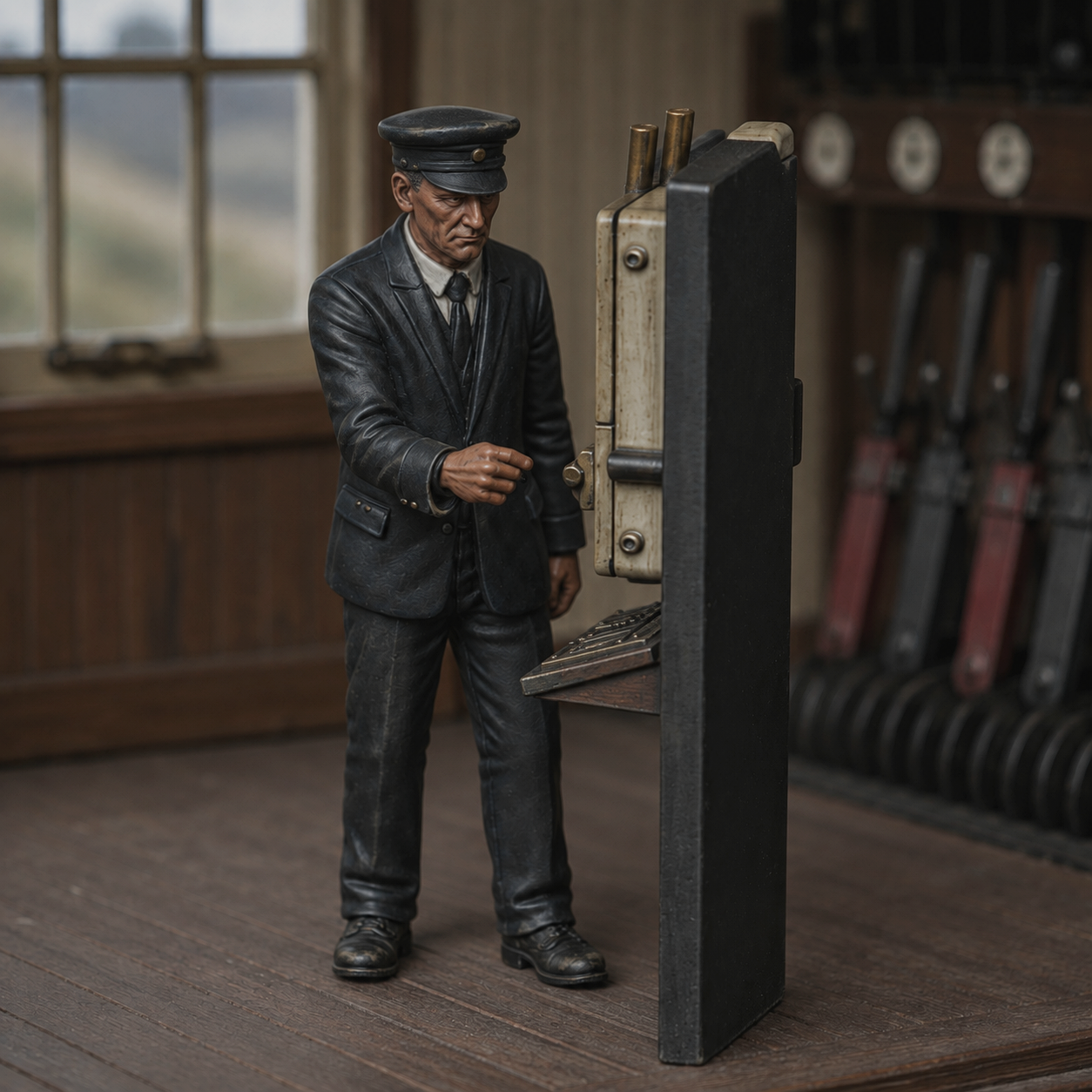Generated painted context product asset - OO Scale Ready to Paint 1950s Signalman Using An Absolute Block Instrument