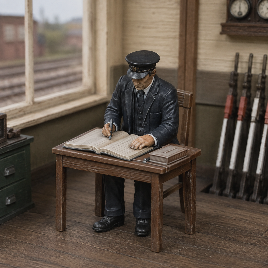 Generated painted context product asset - OO Scale Ready to Paint 1950s Signalman Writing At Desk