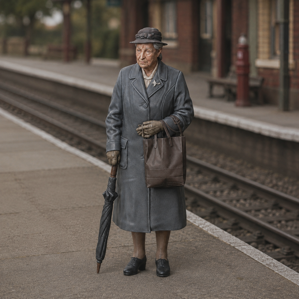Generated painted context product asset - OO Scale Ready to Paint 1950s Old Lady With Bag And Umbrella