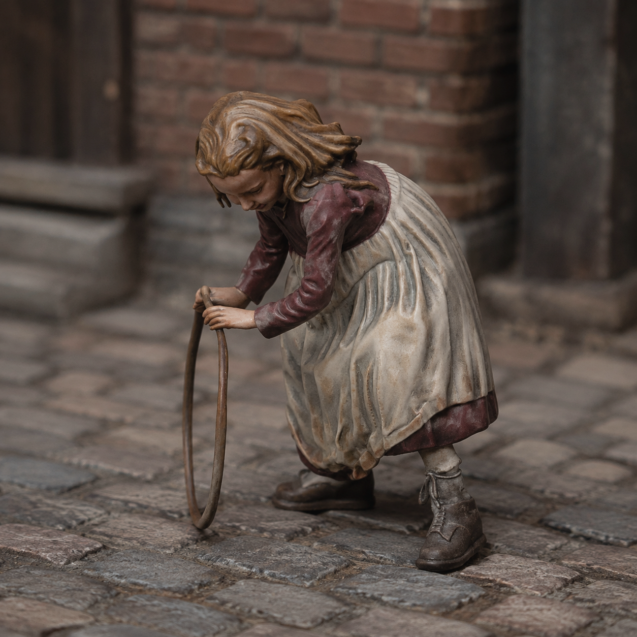 Generated painted context product asset - OO Scale Ready to Paint Victorian Girl Playing With A Hoop