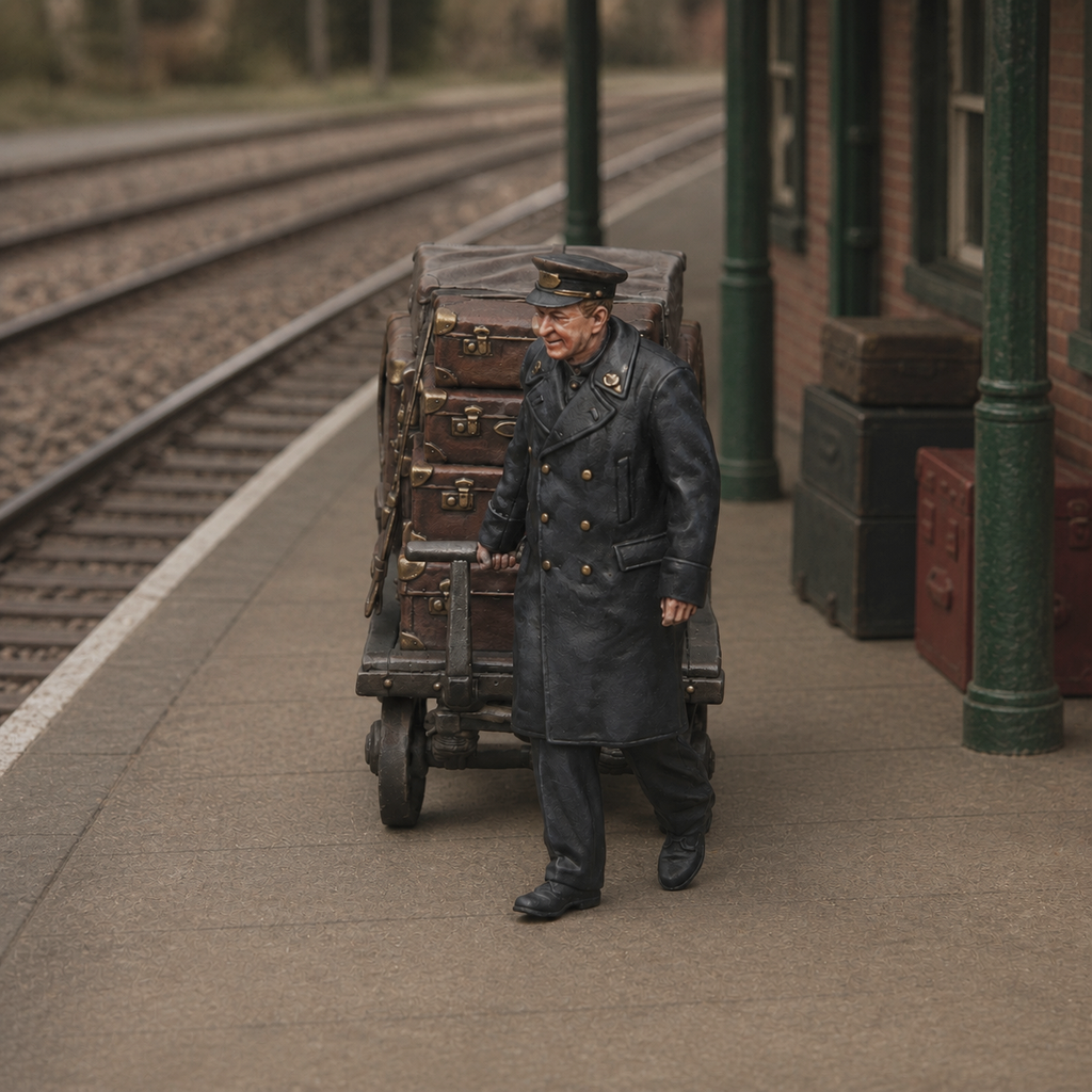 Generated painted context product asset - OO Scale Ready to Paint 1950s Railway Porter Pulling Luggage Trolley