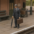 Generated painted context product asset - OO Scale Ready to Paint 1950s Gentleman Carrying Umbrella And Small Suitcase