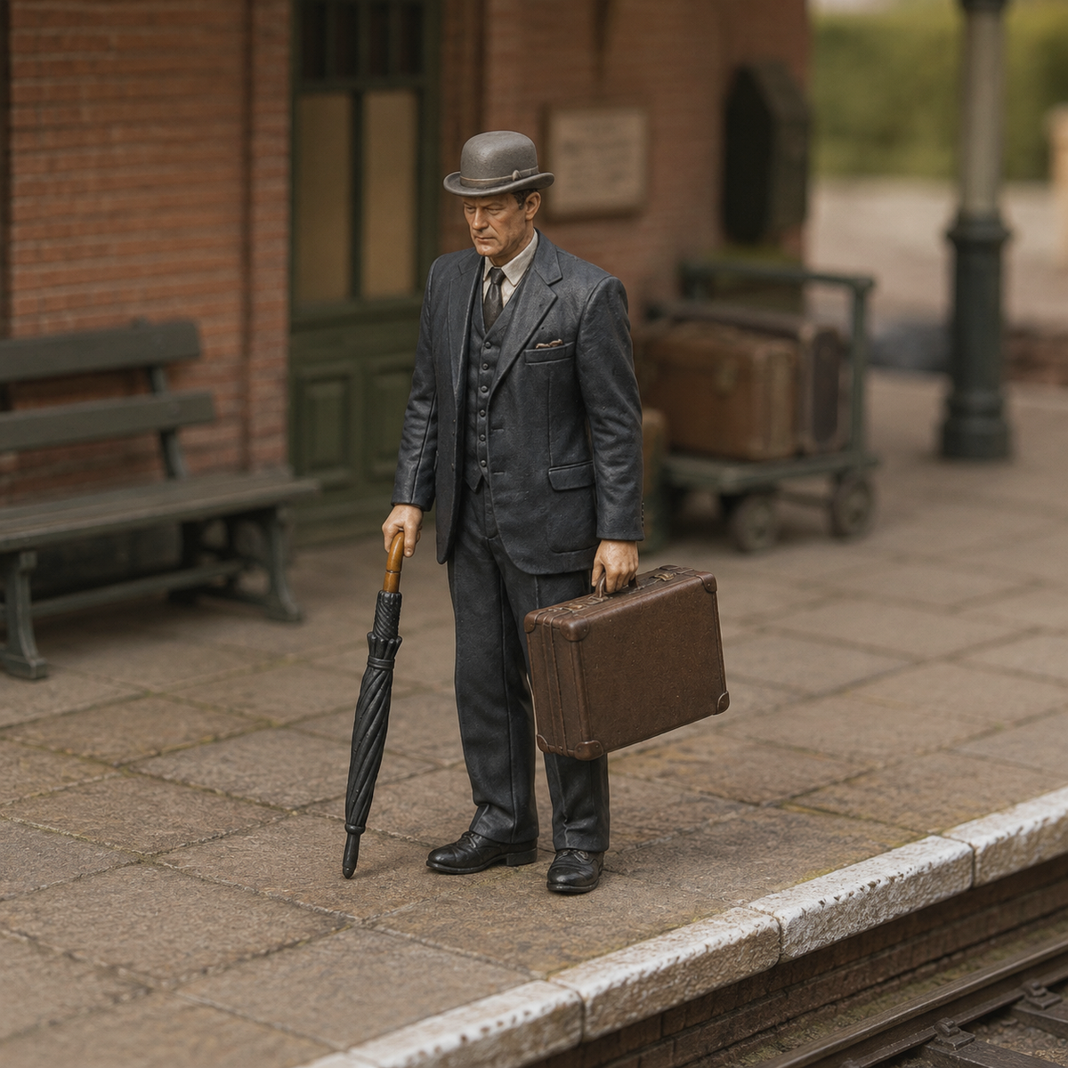 Generated painted context product asset - OO Scale Ready to Paint 1950s Gentleman Carrying Umbrella And Small Suitcase