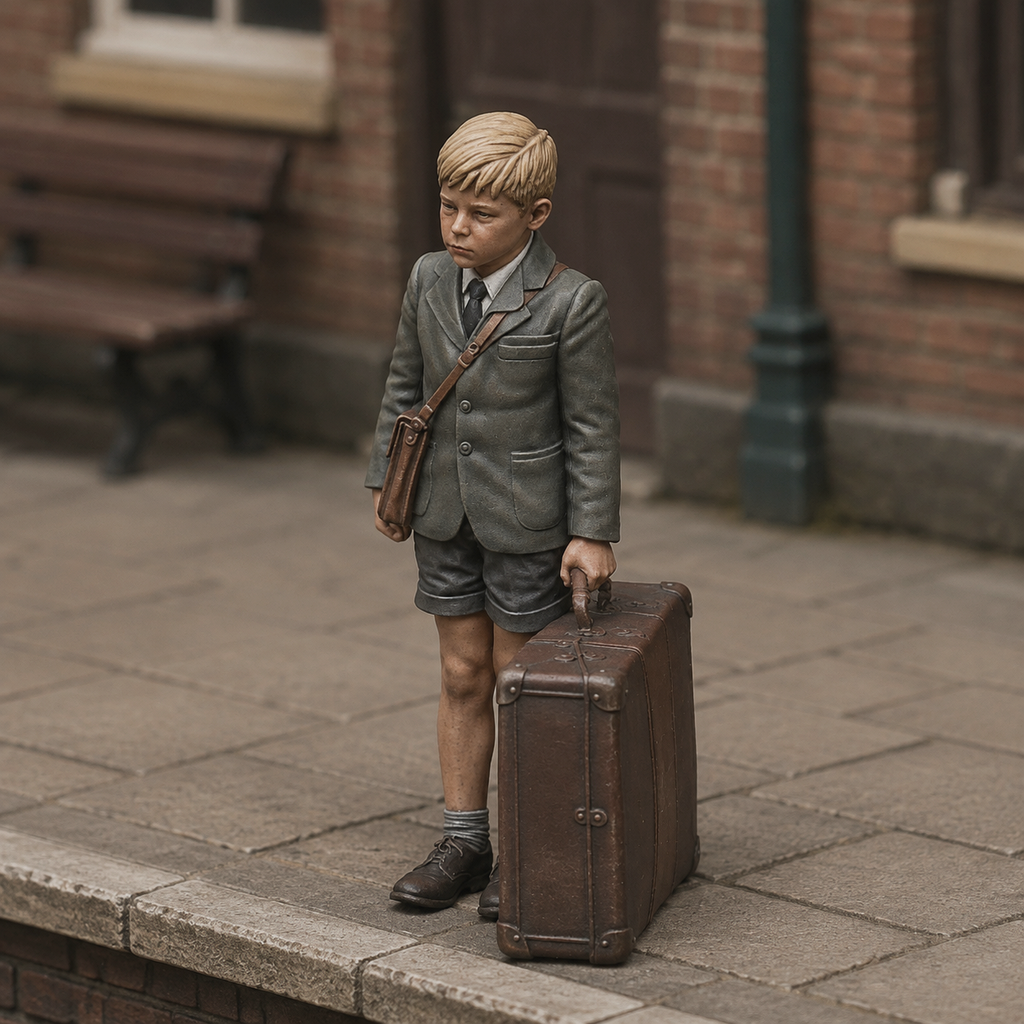Generated painted context product asset - OO Scale Ready to Paint 1950s Boy With Large Suitcase
