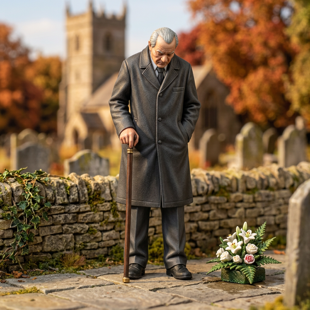 Painted elderly gentleman with walking stick in a miniature churchyard
