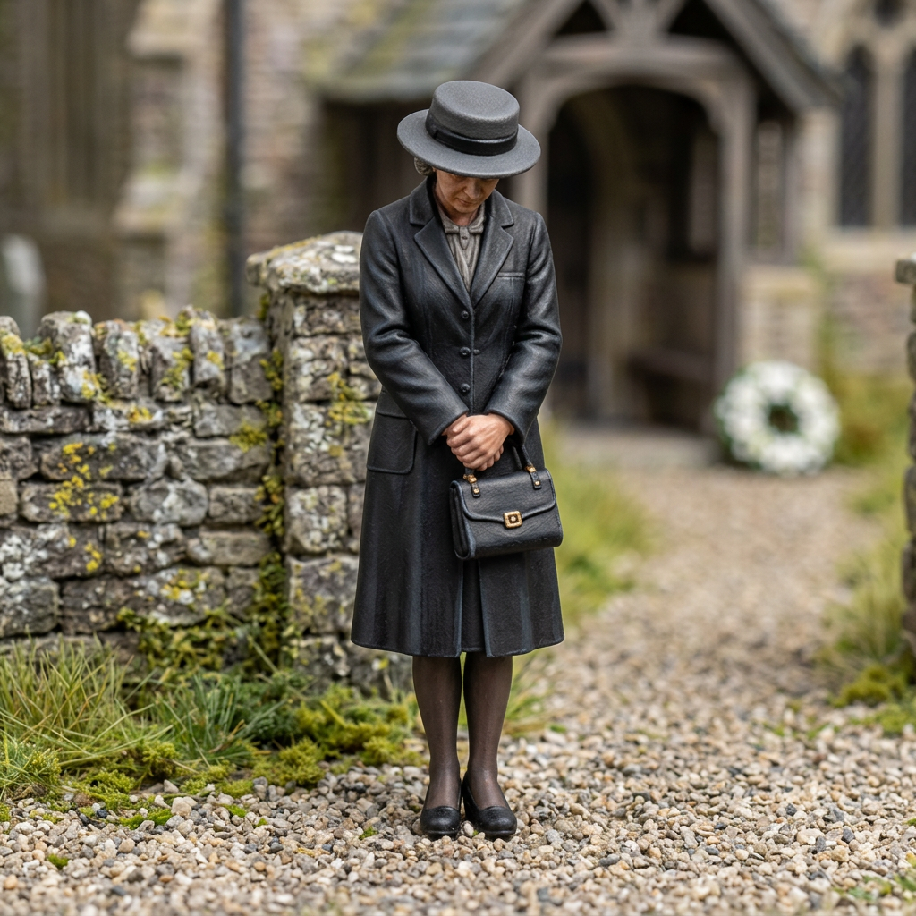 Painted lady with plain hat and handbag in a miniature churchyard