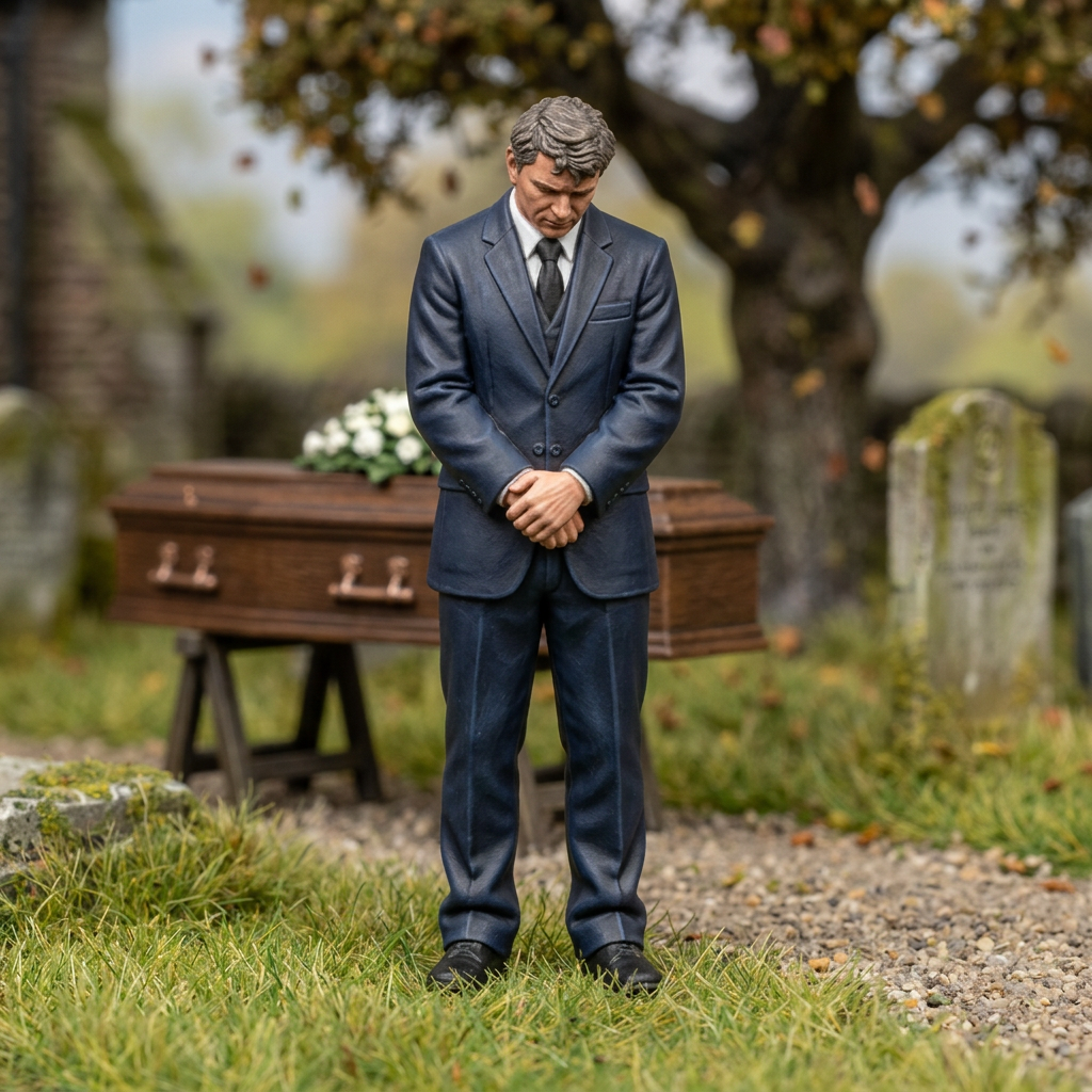 Painted mourner with clasped hands beside a model funeral setting