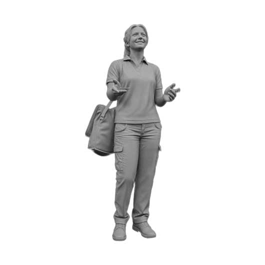 A grayscale 3D model or figurine of a woman in a polo shirt and cargo pants, holding a phone and carrying a shoulder bag, isolated on a white background.