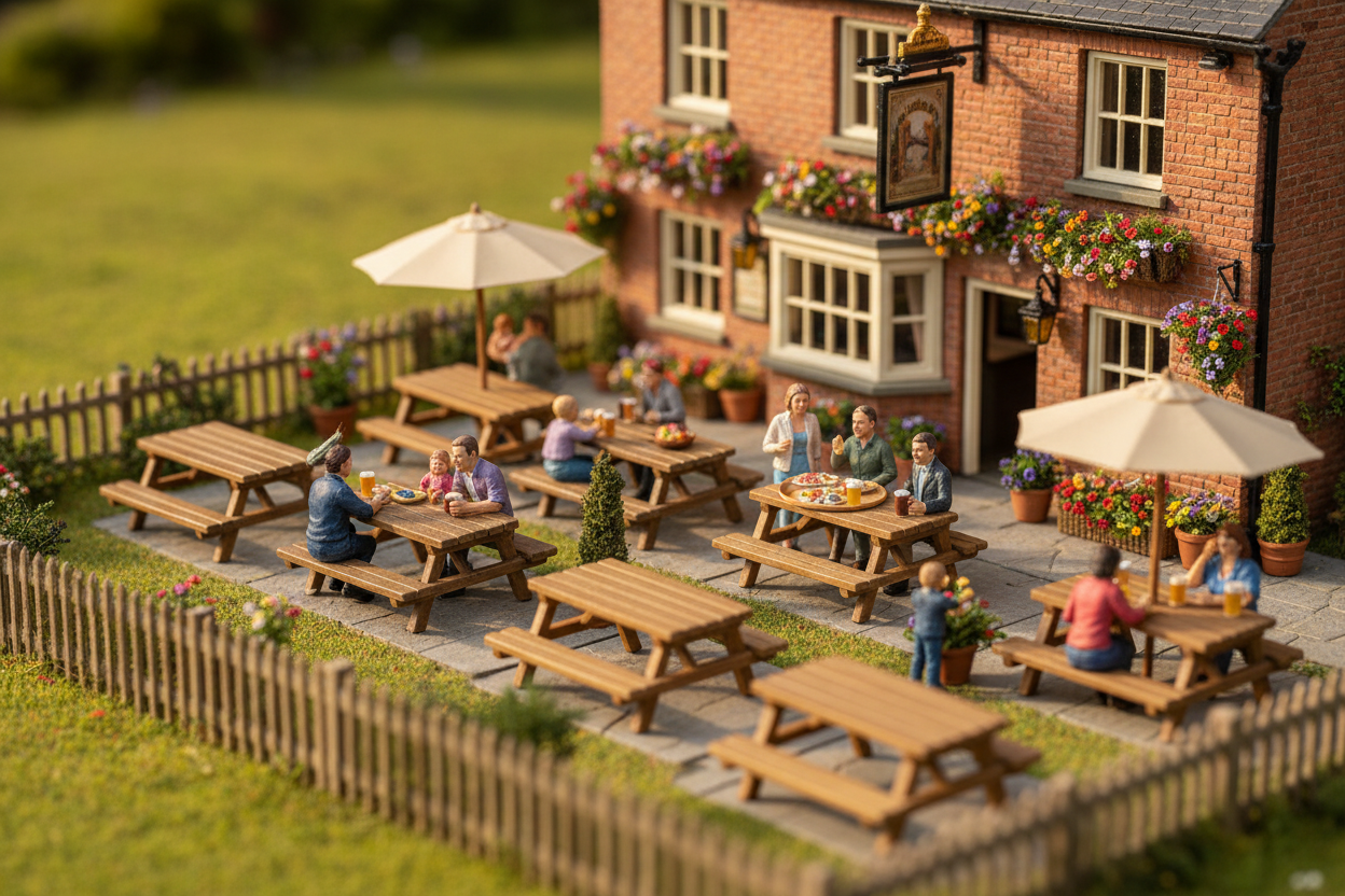 A miniature diorama of a tiny brick pub with an outdoor patio, wooden picnic tables, beige umbrellas, and tiny people dining, set against a blurred green field.