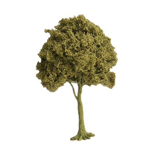 A miniature model tree with textured green foliage and a brownish-green trunk, isolated on a white background.