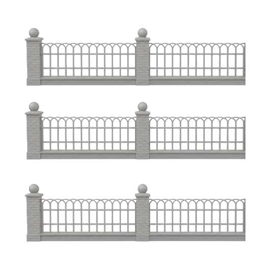 Three identical views of a gray decorative metal fence with brick-style posts and round finials on a white background.